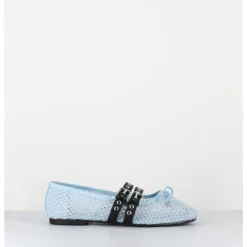 Online OA NON FASHION Ballerines en mesh ciel à strass & double brides en cuir noir - MISTY CRISTALLO CELESTE BLEU