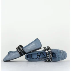 New OA NON FASHION Ballerines en mesh jean & double brides en cuir noir - DIANA NET CELESTE BLEU