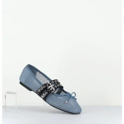 New OA NON FASHION Ballerines en mesh jean & double brides en cuir noir - DIANA NET CELESTE BLEU