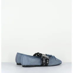 New OA NON FASHION Ballerines en mesh jean & double brides en cuir noir - DIANA NET CELESTE BLEU