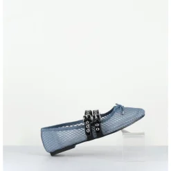 New OA NON FASHION Ballerines en mesh jean & double brides en cuir noir - DIANA NET CELESTE BLEU