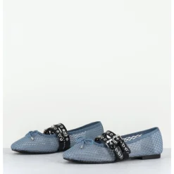 New OA NON FASHION Ballerines en mesh jean & double brides en cuir noir - DIANA NET CELESTE BLEU