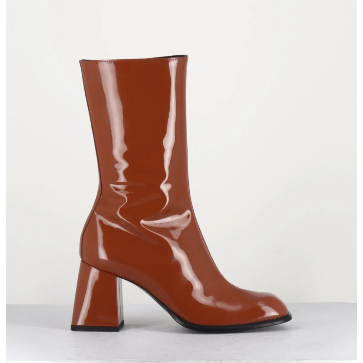 Clearance GARRICE LAB Boots à talon 70s en cuir vernis marron orangé - YA2240 CUOIO CAMEL