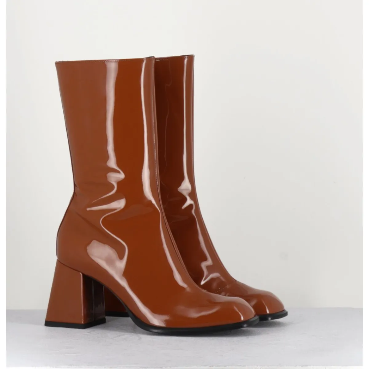 Clearance GARRICE LAB Boots à talon 70s en cuir vernis marron orangé - YA2240 CUOIO CAMEL