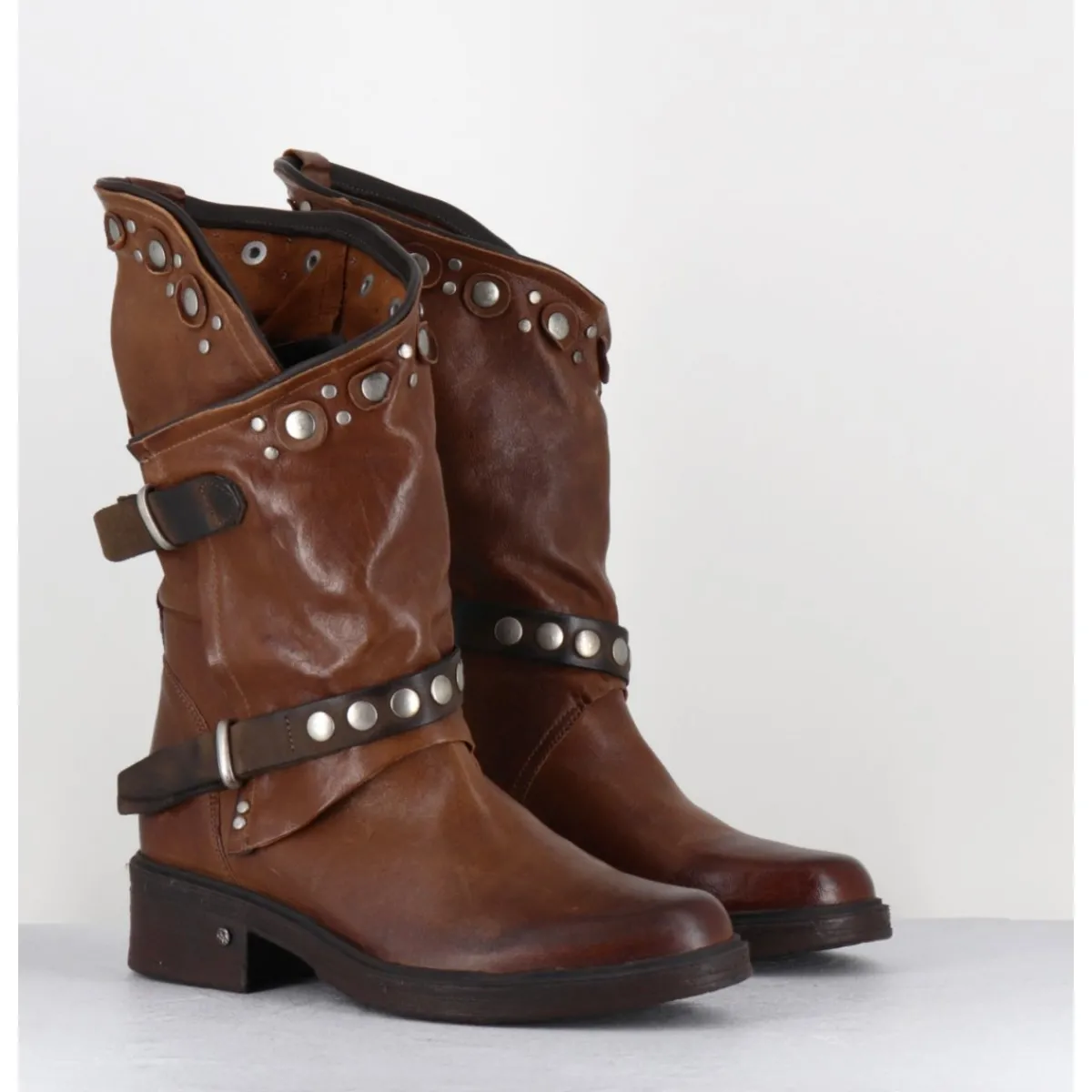 Online GARRICE LAB Boots bikers plates cuir camel & rivets - GOULA RAG CACAO MARRON