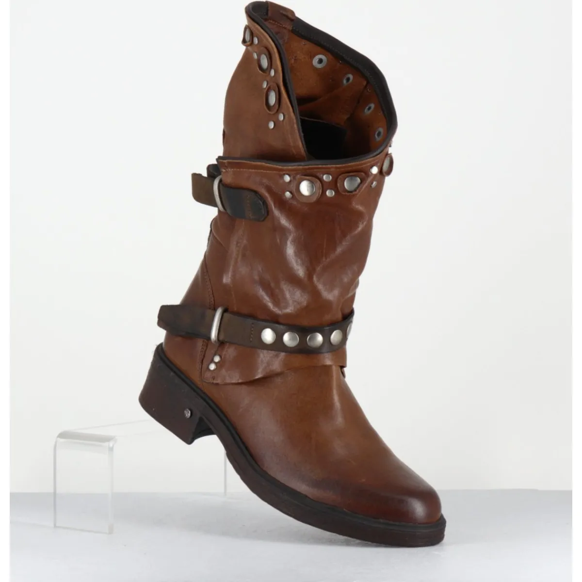 Online GARRICE LAB Boots bikers plates cuir camel & rivets - GOULA RAG CACAO MARRON