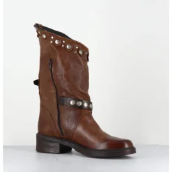 Online GARRICE LAB Boots bikers plates cuir camel & rivets - GOULA RAG CACAO MARRON