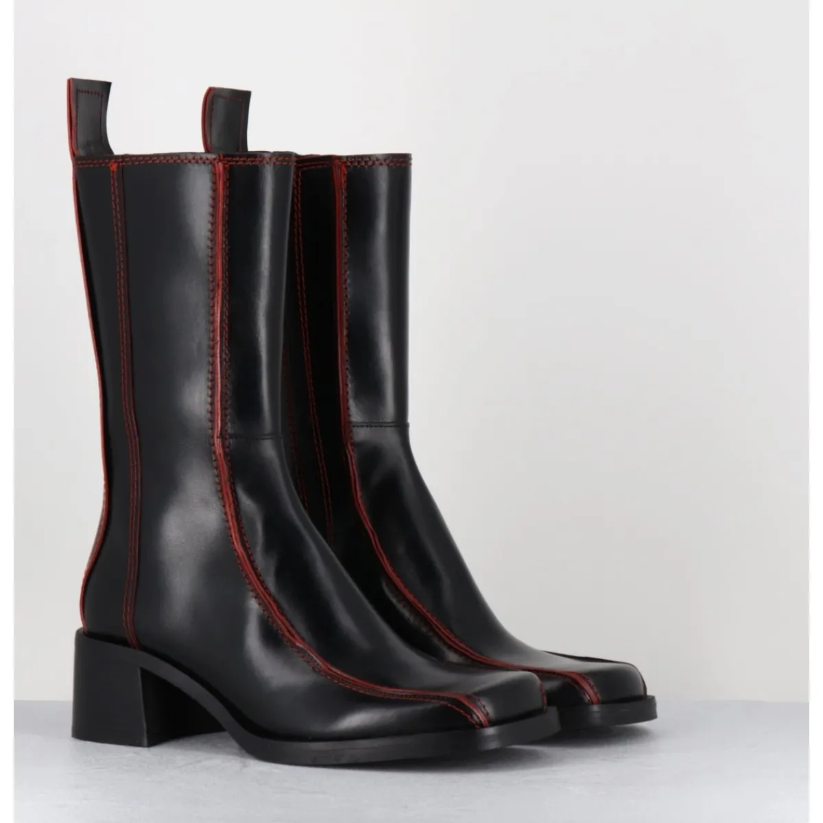 E8 BY MIISTA Boots bout carré cuir & surpiqûres orange - MARIELA BLACK BOOTS NOIR