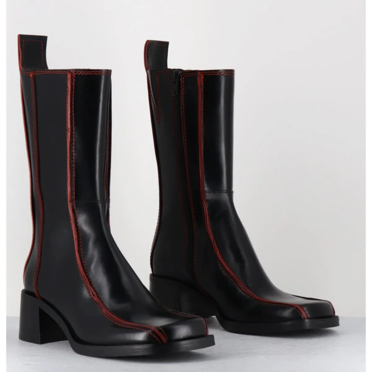 E8 BY MIISTA Boots bout carré cuir & surpiqûres orange - MARIELA BLACK BOOTS NOIR