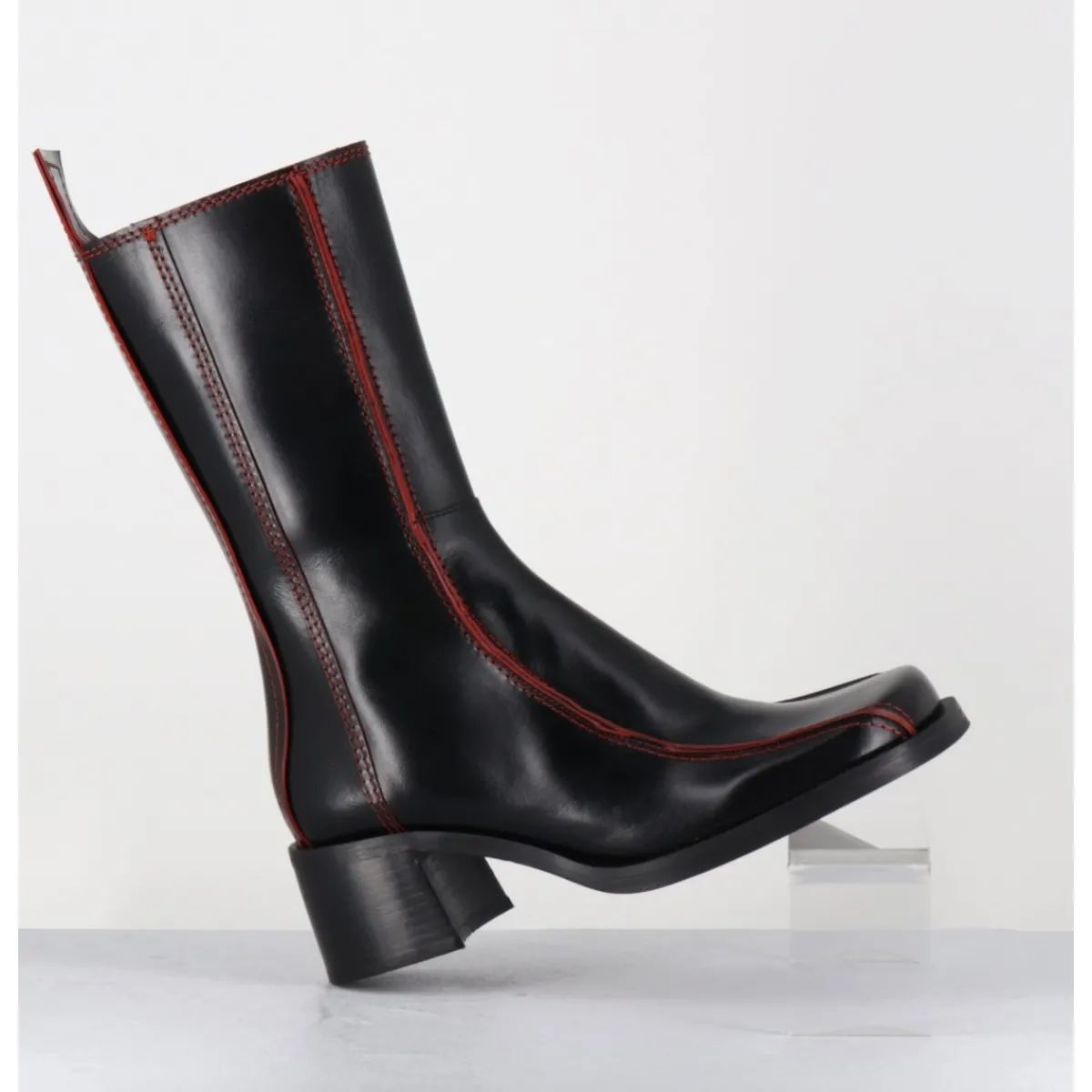 E8 BY MIISTA Boots bout carré cuir & surpiqûres orange - MARIELA BLACK BOOTS NOIR