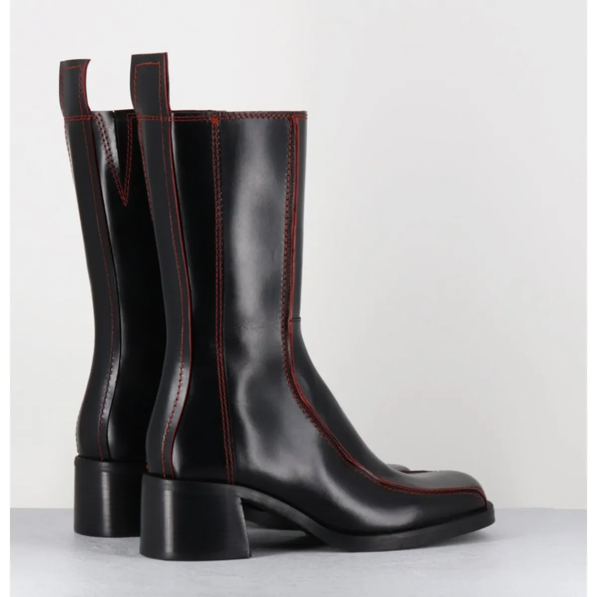 E8 BY MIISTA Boots bout carré cuir & surpiqûres orange - MARIELA BLACK BOOTS NOIR