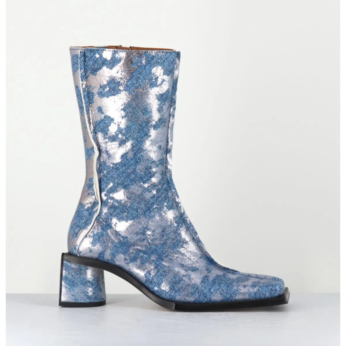 Best MIISTA Boots bout carré jean distressed et cuir argent - REIKO DENIM BOOTS JEANS
