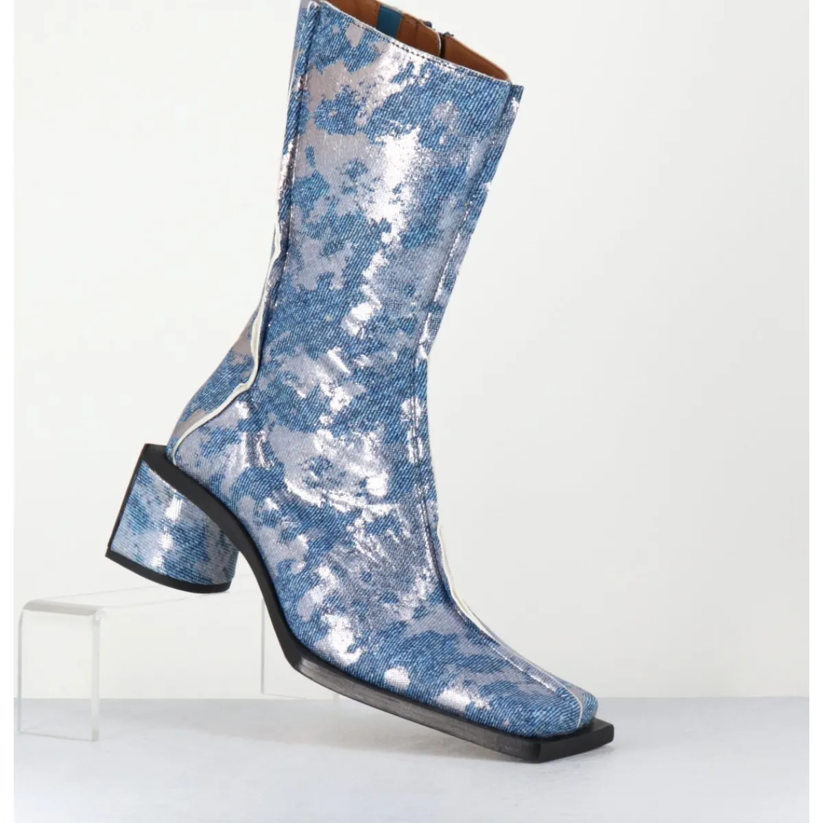 Best MIISTA Boots bout carré jean distressed et cuir argent - REIKO DENIM BOOTS JEANS