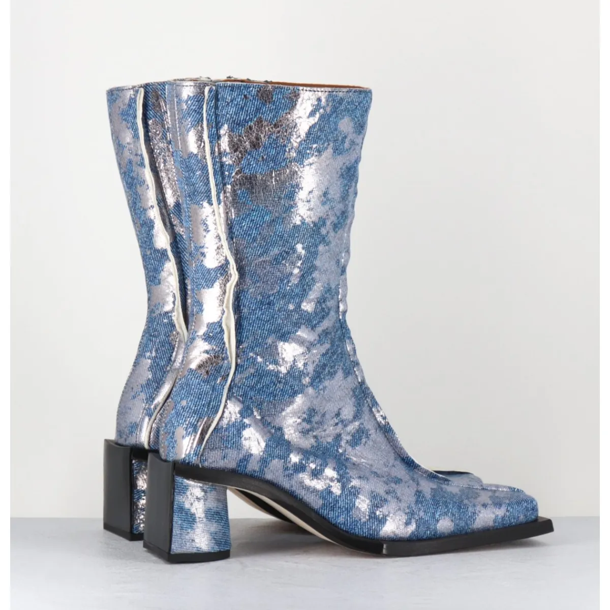 Best MIISTA Boots bout carré jean distressed et cuir argent - REIKO DENIM BOOTS JEANS