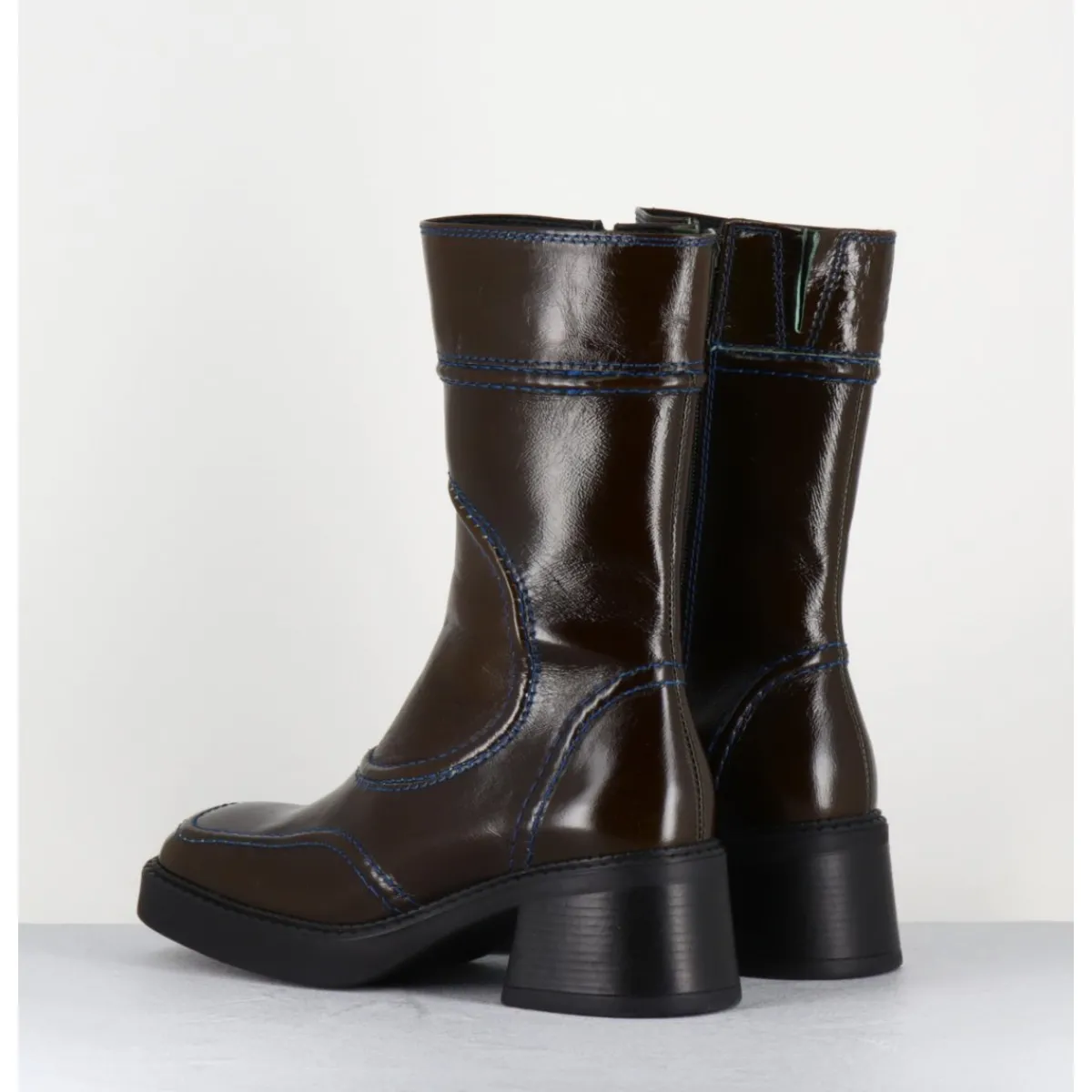 Clearance E8 BY MIISTA Boots cuir kaki surpiqûres bleues 90's - MALENE KAKI BOOTS