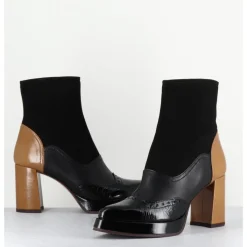 Online CHIE MIHARA Boots cuir noir & talon beige bout pointu fleuri - FAYU MASERATI NEGRO