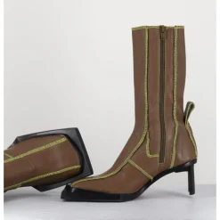 Outlet MIISTA Boots en cuir marron coutures graphiques vertes - EIMI GREEN BOOTS