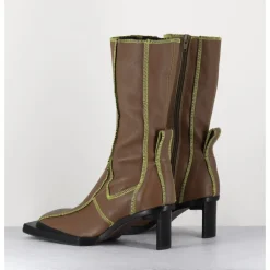 Outlet MIISTA Boots en cuir marron coutures graphiques vertes - EIMI GREEN BOOTS