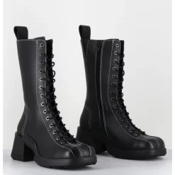 Online E8 BY MIISTA Boots en cuir à lacets & surpiqûres blanches - INGE BLACK ANKLE BOOTS NOIR