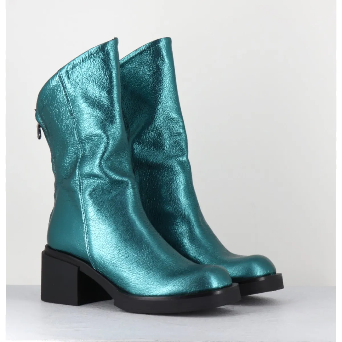 Outlet GARRICE LAB Boots légères esprit biker en cuir métallisé - YAMA LAMINATO PETROLIO BLEU