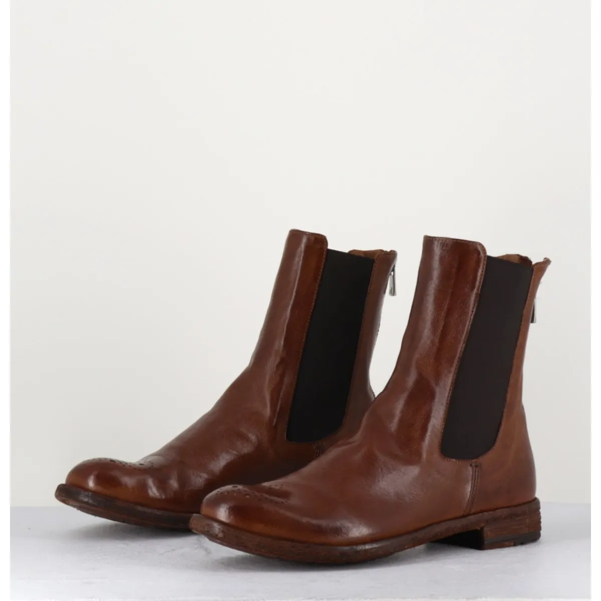 New OFFICINE CREATIVE Boots plates en cuir , élastique & bout fleuri - LEXIKON099 TABACCO MARRON