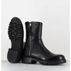 Clearance ALBERTO FASCIANI Boots plates en cuir pures avec zip extérieur - EVA 82042 BLACK NOIR