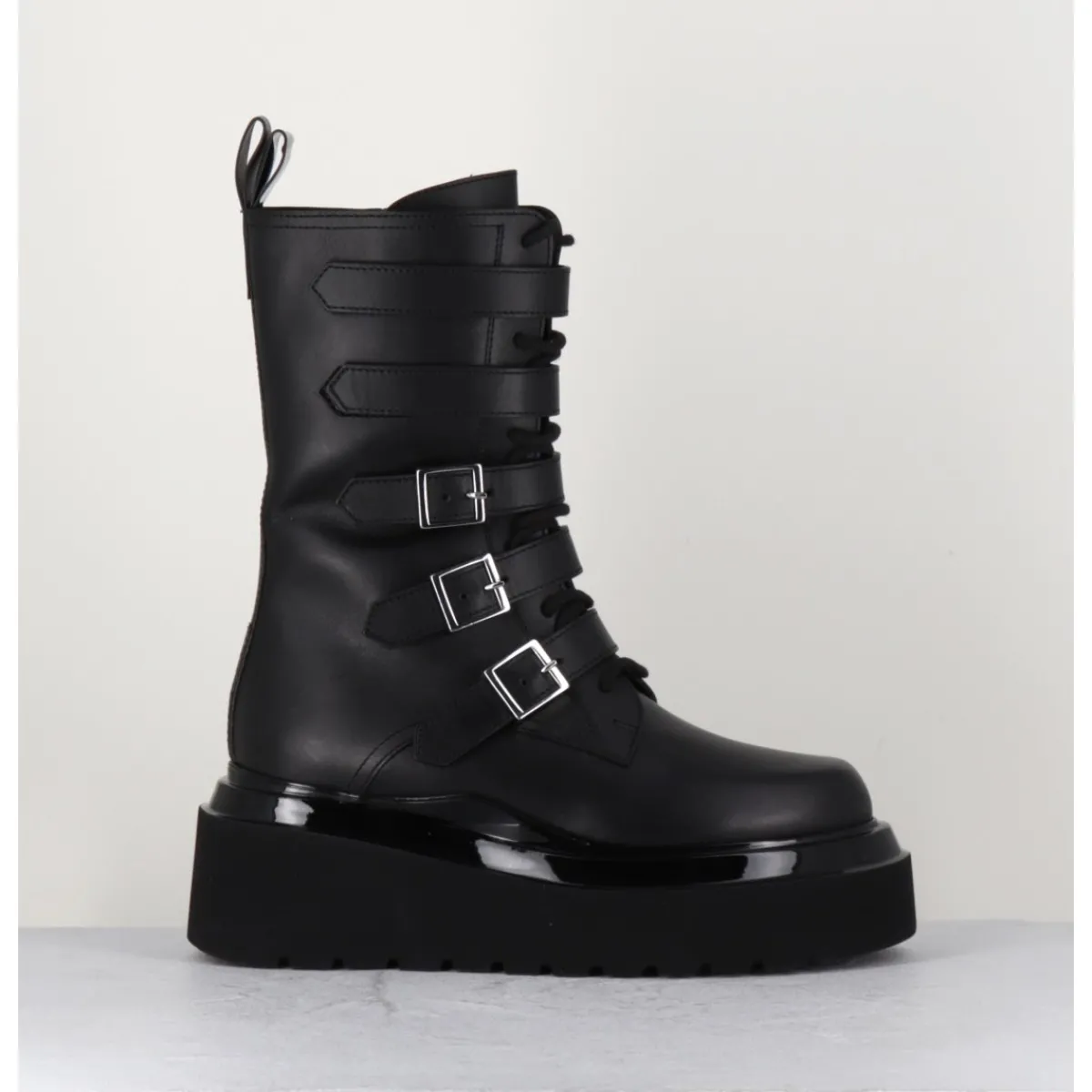 Hot 3JUIN Boots rangers compensées en cuir - MIA HOLY BLACK NOIR