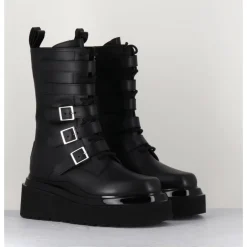 Hot 3JUIN Boots rangers compensées en cuir - MIA HOLY BLACK NOIR