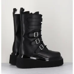 Hot 3JUIN Boots rangers compensées en cuir - MIA HOLY BLACK NOIR