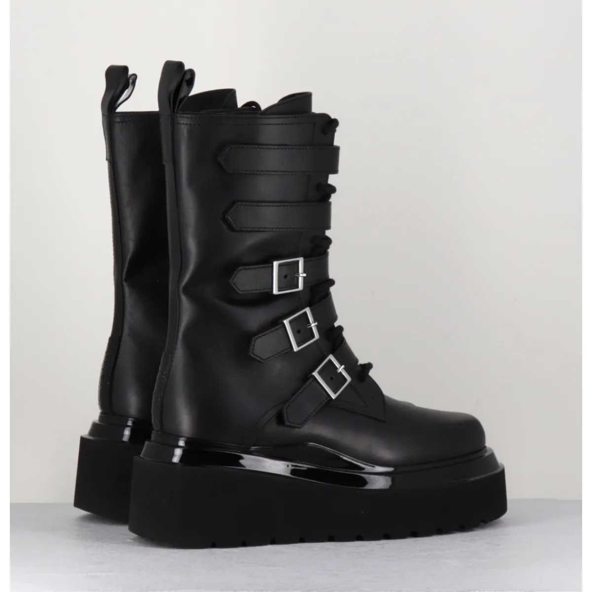 Hot 3JUIN Boots rangers compensées en cuir - MIA HOLY BLACK NOIR