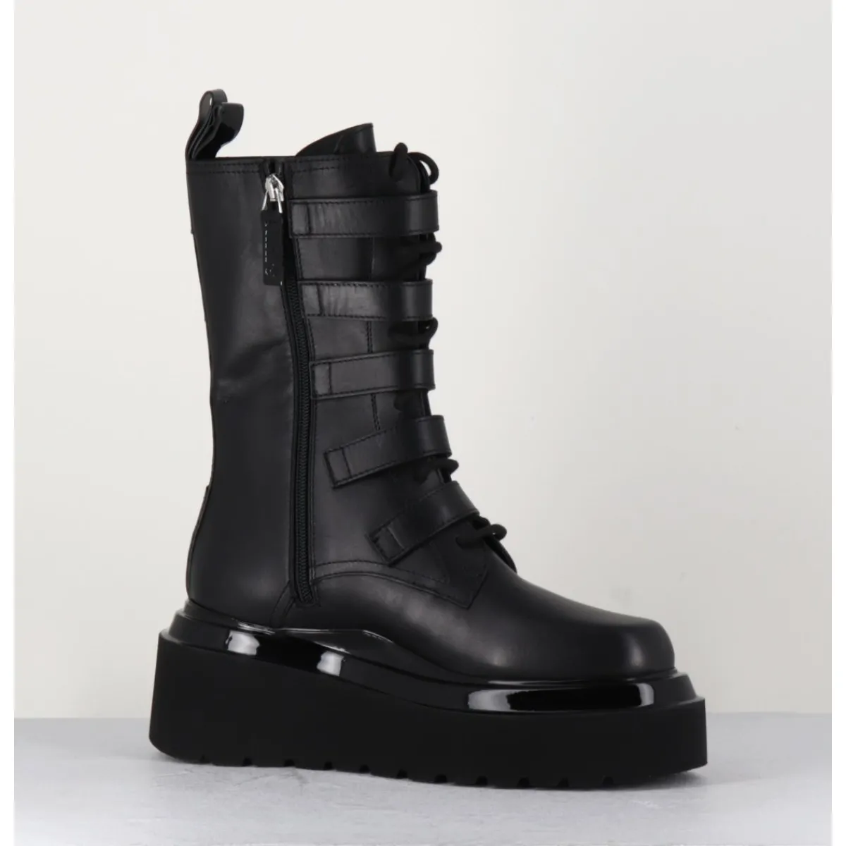 Hot 3JUIN Boots rangers compensées en cuir - MIA HOLY BLACK NOIR