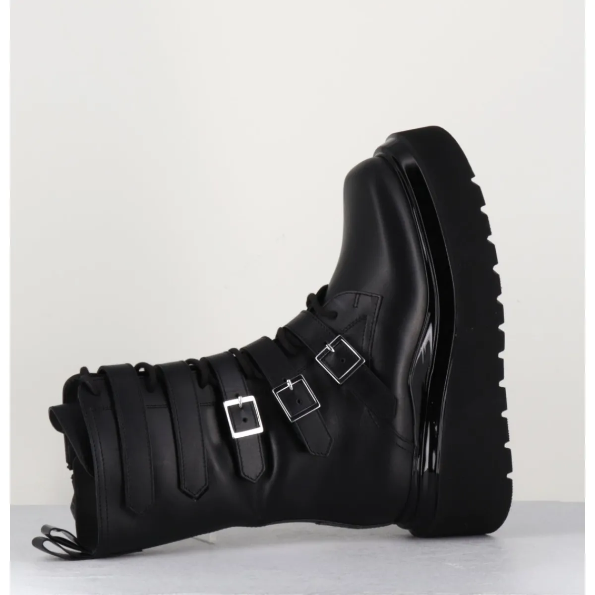 Hot 3JUIN Boots rangers compensées en cuir - MIA HOLY BLACK NOIR
