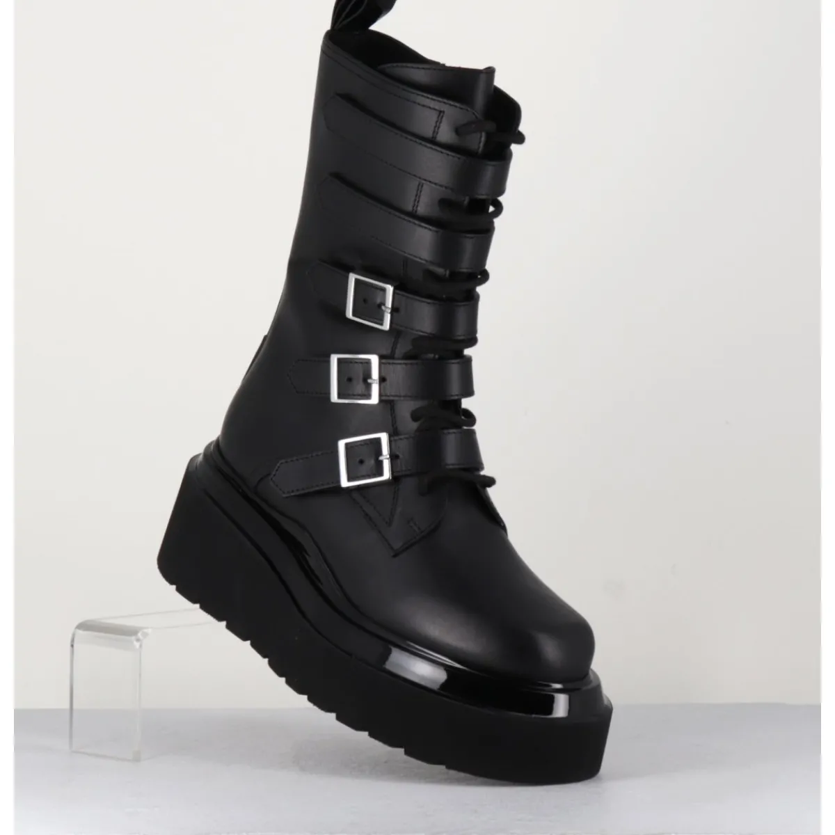 Hot 3JUIN Boots rangers compensées en cuir - MIA HOLY BLACK NOIR