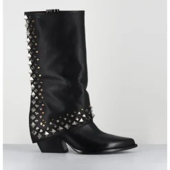 Clearance ELENA IACHI Boots santiags à guêtre en cuir & clous - E3711 NATURE NERO NOIR