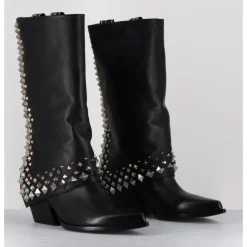 Clearance ELENA IACHI Boots santiags à guêtre en cuir & clous - E3711 NATURE NERO NOIR