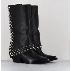 Clearance ELENA IACHI Boots santiags à guêtre en cuir & clous - E3711 NATURE NERO NOIR