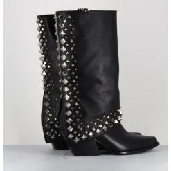 Clearance ELENA IACHI Boots santiags à guêtre en cuir & clous - E3711 NATURE NERO NOIR