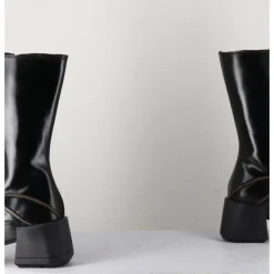 Sale E8 BY MIISTA Boots tige haute en cuir lisse aux bords khaki - MIEKO BLACK BOOTS NOIR