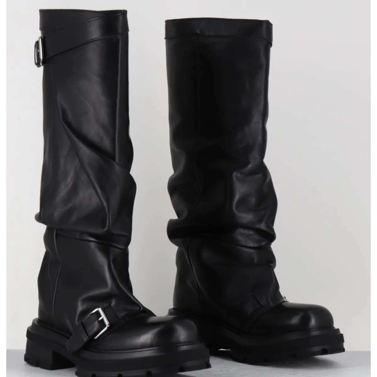 Clearance ELENA IACHI Bottes en cuir à tige large & boucles - E4010-L NATURE NERO NOIR
