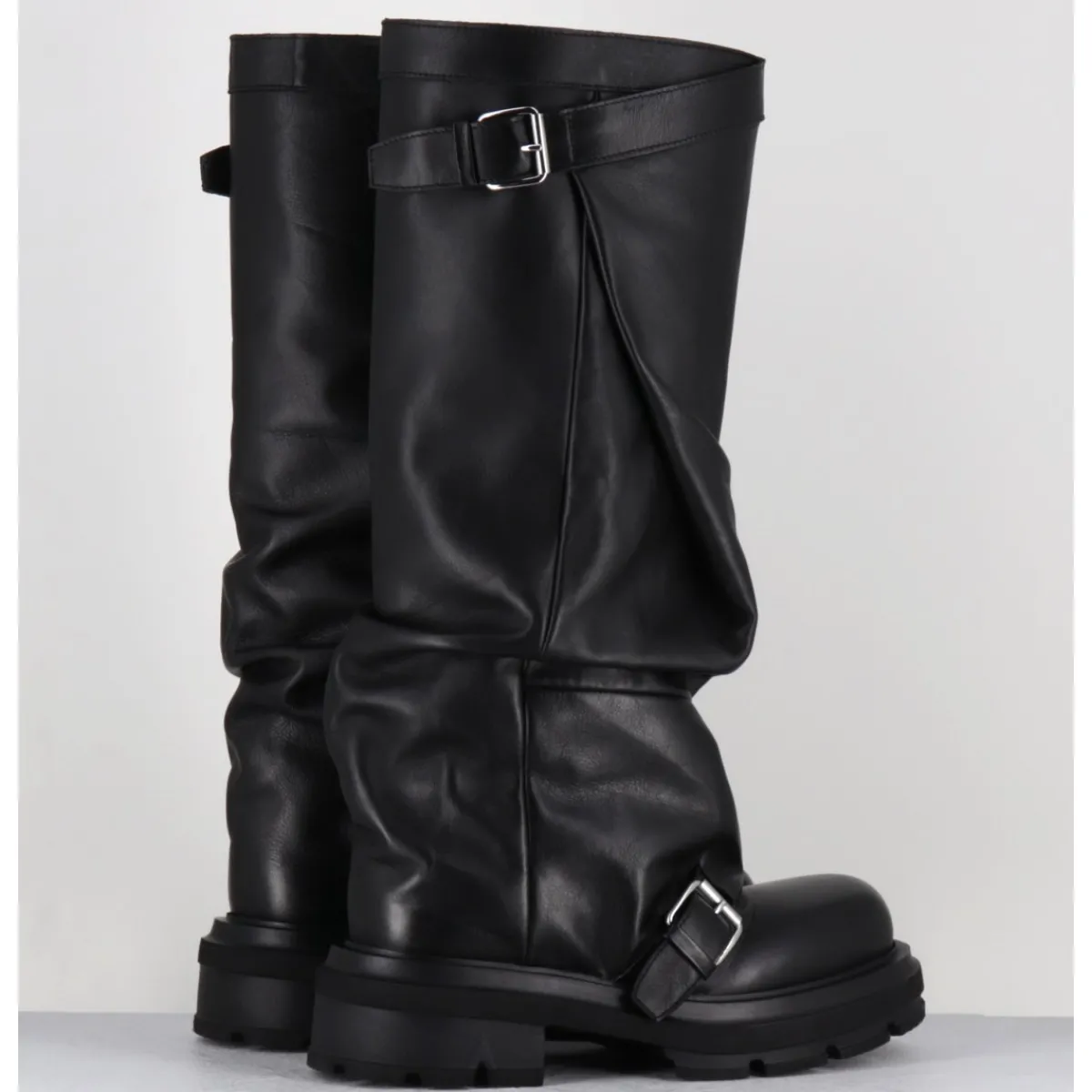 Clearance ELENA IACHI Bottes en cuir à tige large & boucles - E4010-L NATURE NERO NOIR