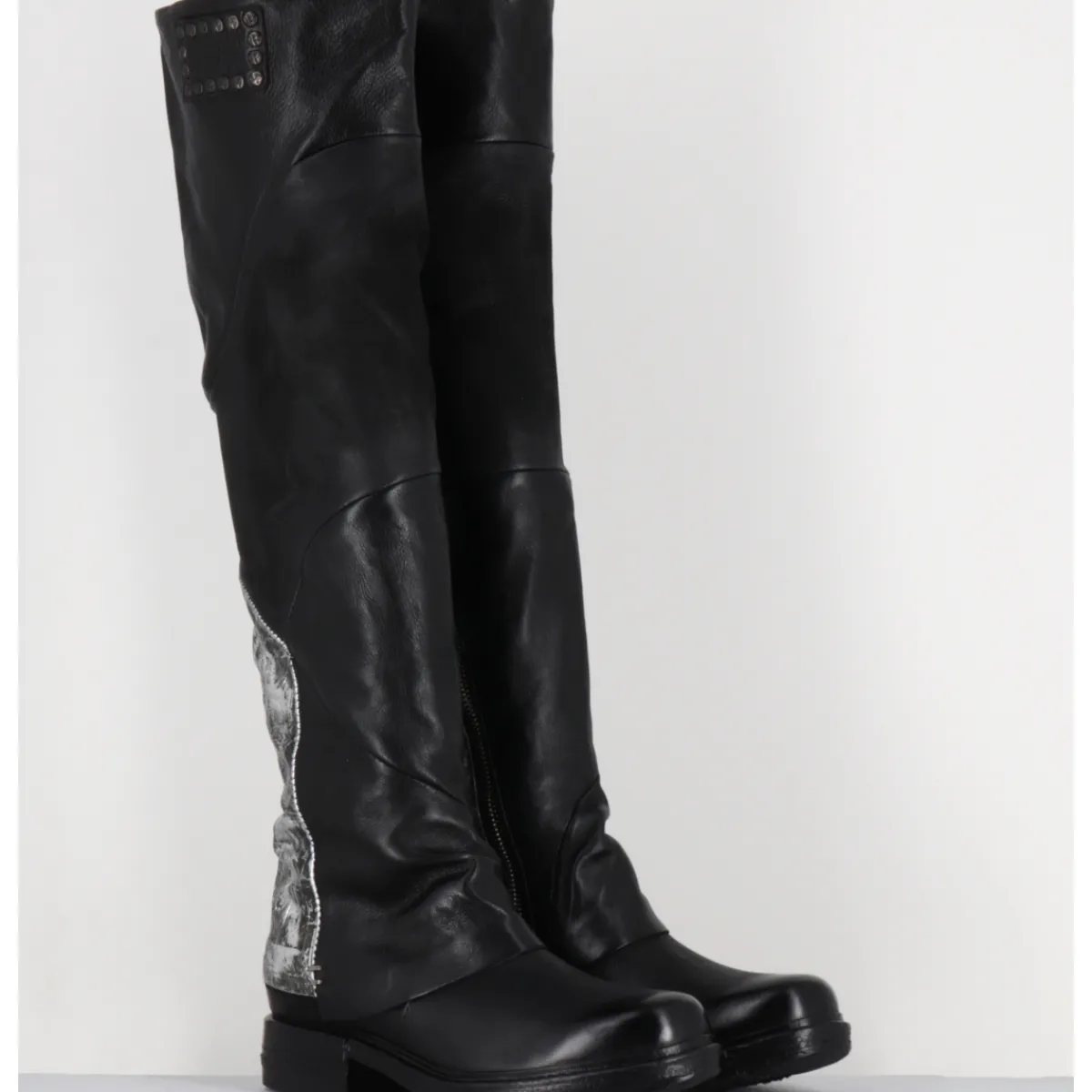 Outlet A.S.98 Bottes genouillères en cuir et argent - B80310 NERO ARGENTO NOIR