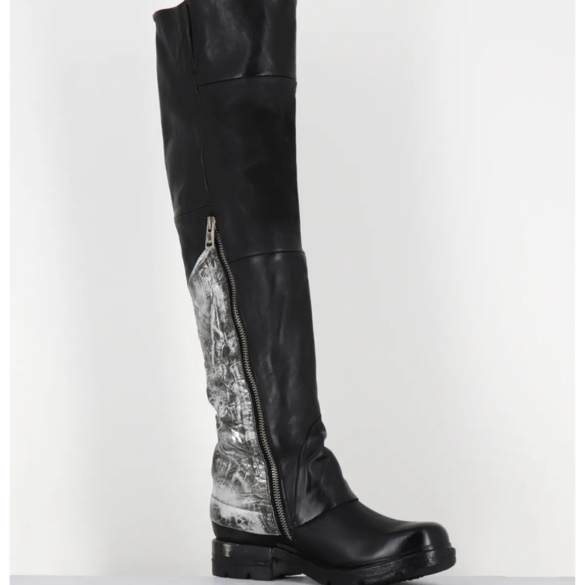 Outlet A.S.98 Bottes genouillères en cuir et argent - B80310 NERO ARGENTO NOIR
