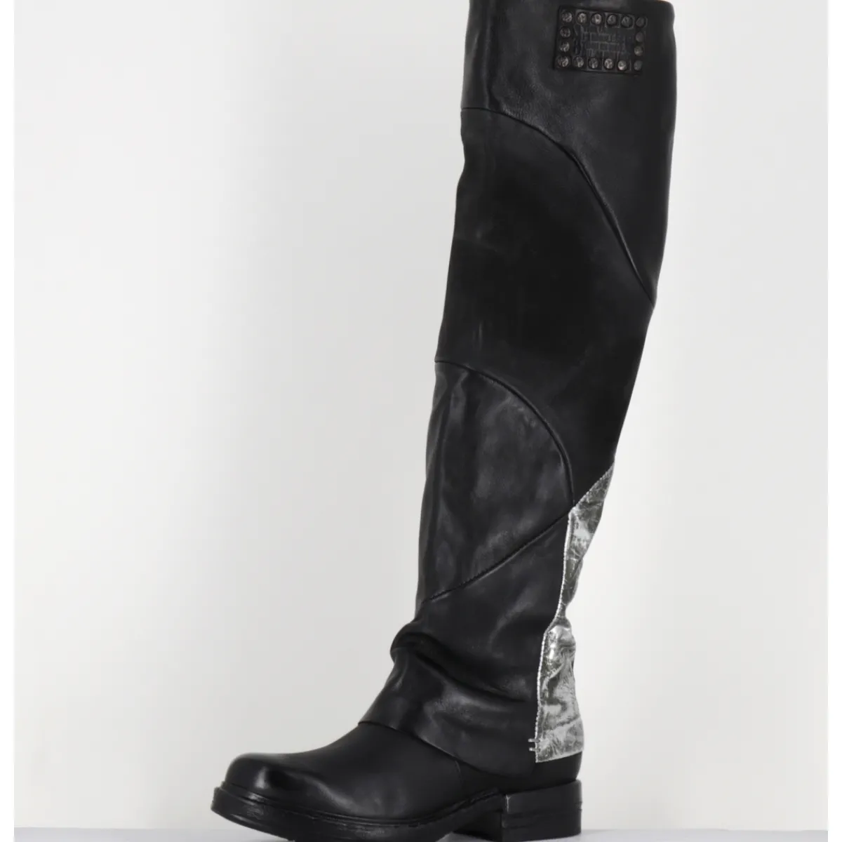 Outlet A.S.98 Bottes genouillères en cuir et argent - B80310 NERO ARGENTO NOIR