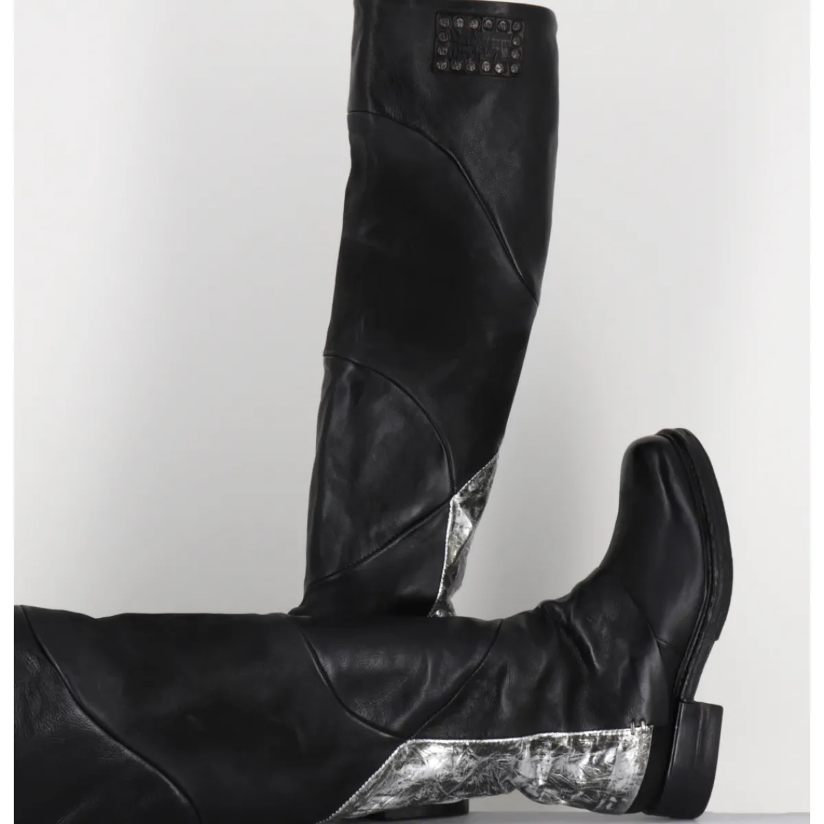 Outlet A.S.98 Bottes genouillères en cuir et argent - B80310 NERO ARGENTO NOIR