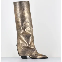 Clearance ELENA IACHI Bottes santiag à guêtre en cuir doré patiné noir - E3868 MISTER ORO DORE