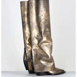 Clearance ELENA IACHI Bottes santiag à guêtre en cuir doré patiné noir - E3868 MISTER ORO DORE