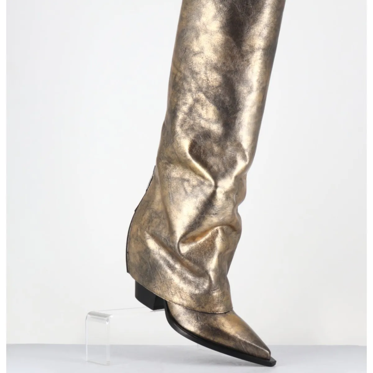 Clearance ELENA IACHI Bottes santiag à guêtre en cuir doré patiné noir - E3868 MISTER ORO DORE