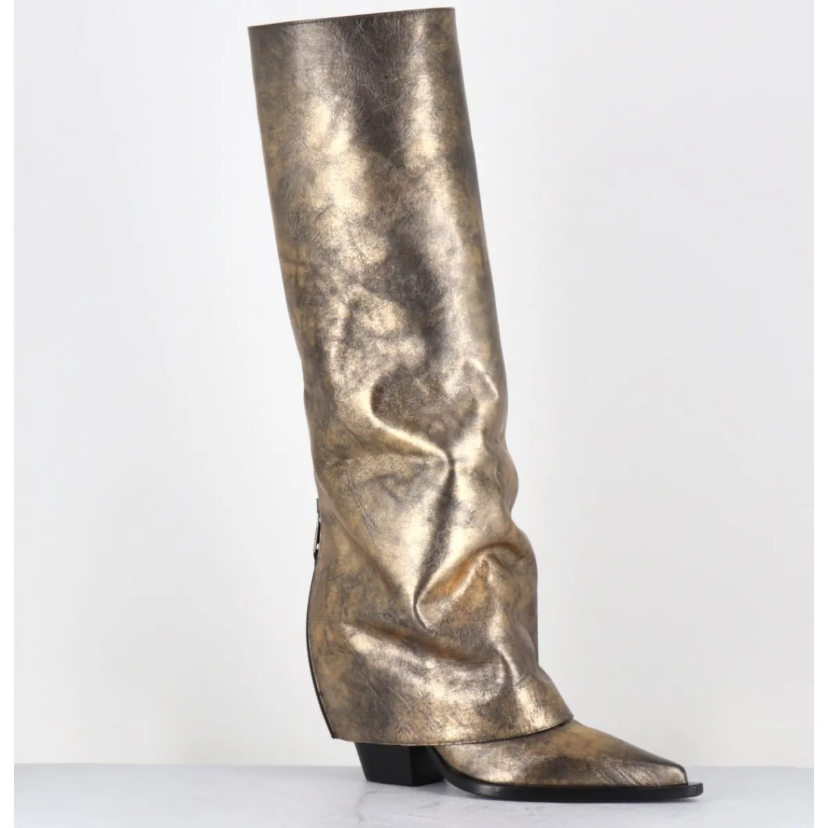 Clearance ELENA IACHI Bottes santiag à guêtre en cuir doré patiné noir - E3868 MISTER ORO DORE