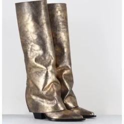 Clearance ELENA IACHI Bottes santiag à guêtre en cuir doré patiné noir - E3868 MISTER ORO DORE