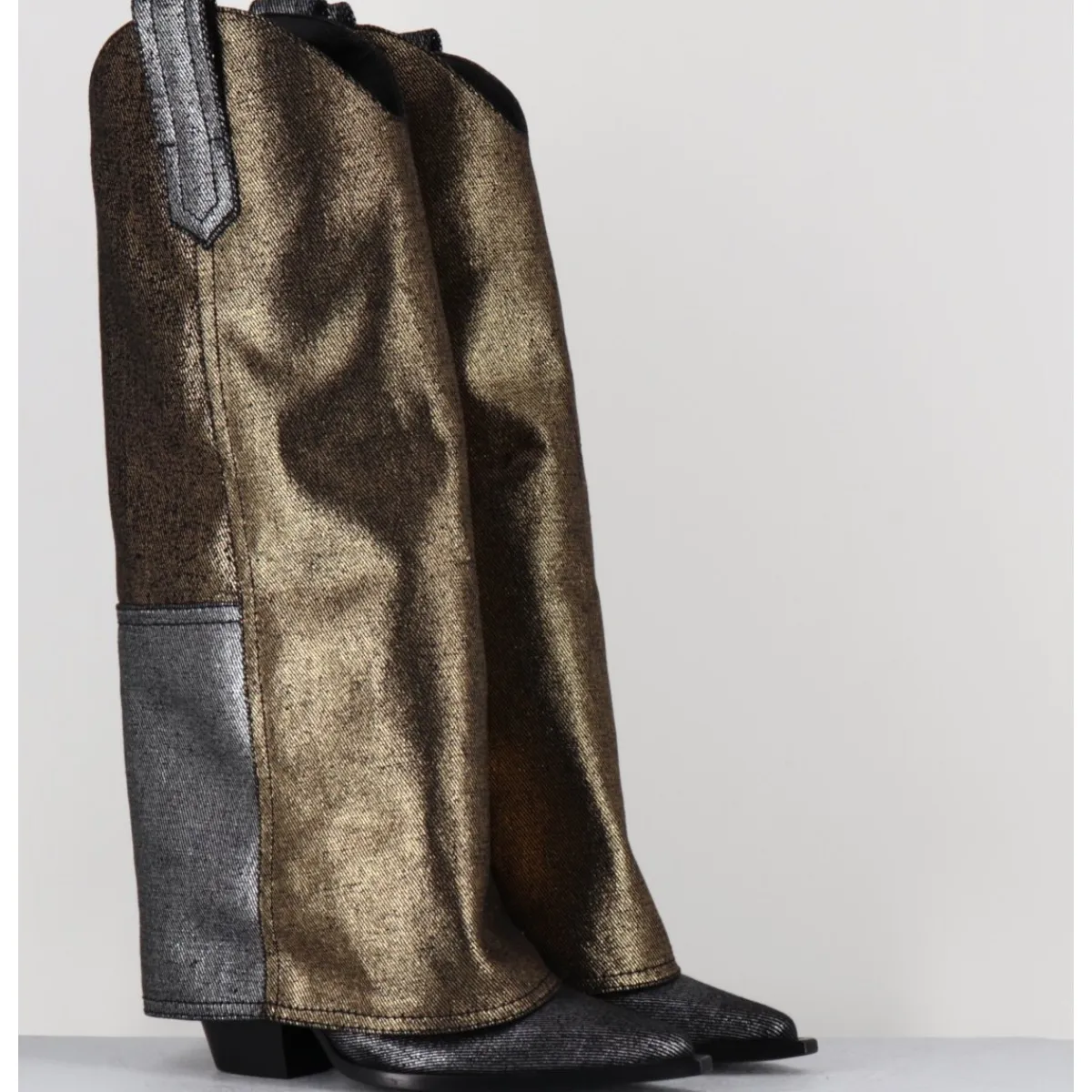 Outlet ELENA IACHI Bottes santiag jean laminé bronze & argent -E3869-T RIC SILVER GOLD
